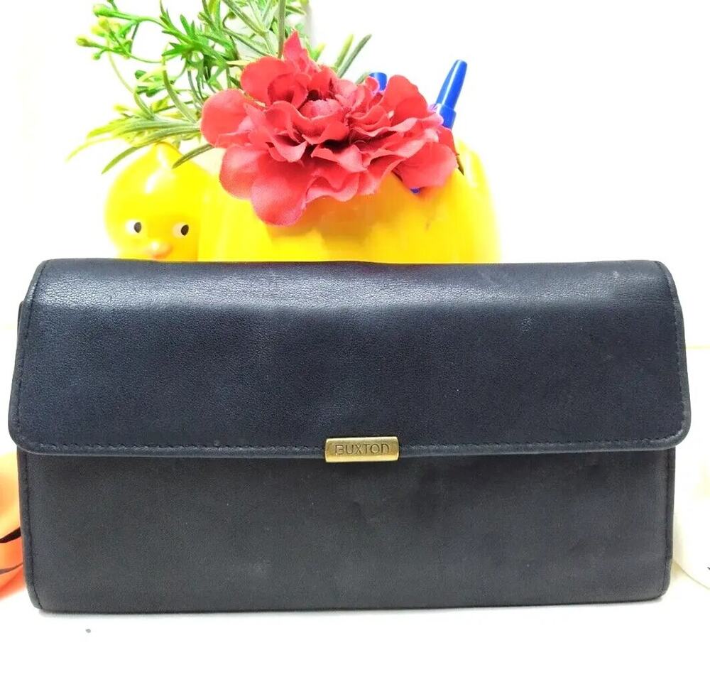 Buxton Black Leather Kisslock Credit Card ID Window Trifold Wallet